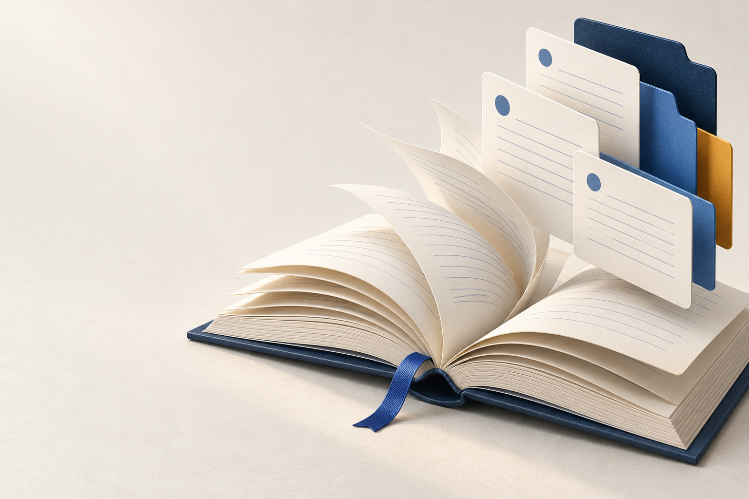 열린 책과 정돈된 문서 카드로 표현한 ManualBook 매뉴얼 관리 콘셉트